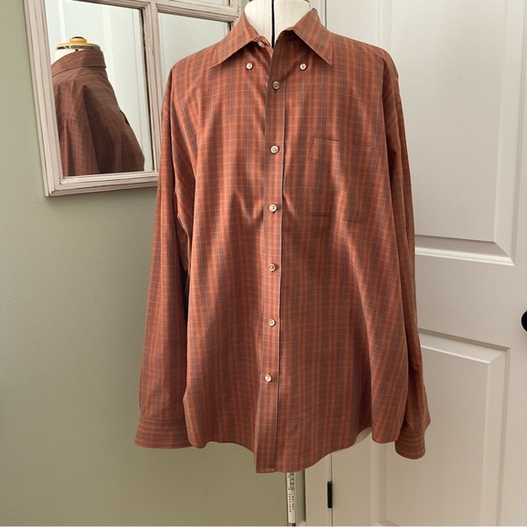 MEN RUST/ORANGE PIN STRIPS DRESS SHIRT - Picture 2 of 7
